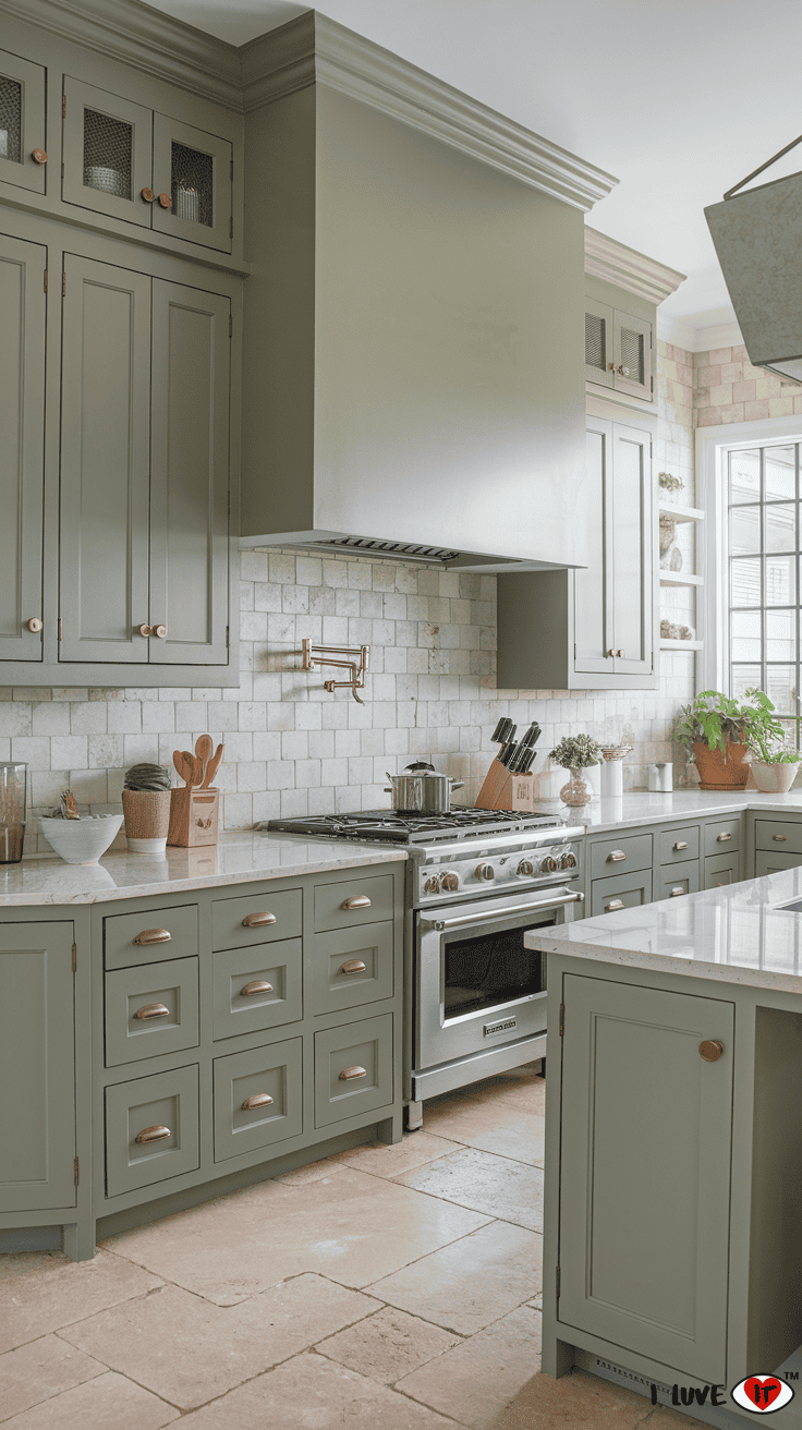 sage green white quartz backsplash