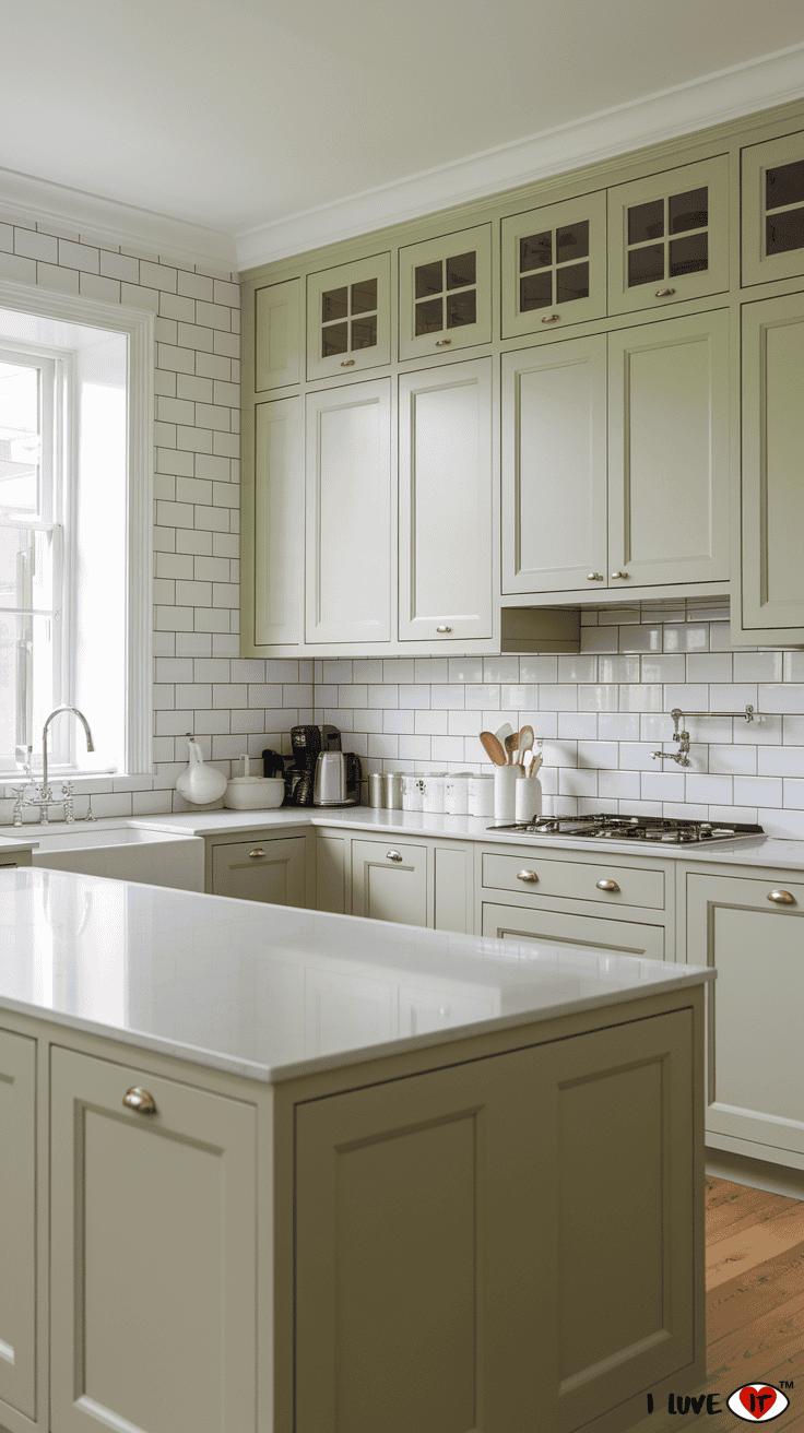 sage green cabinets white subway tile