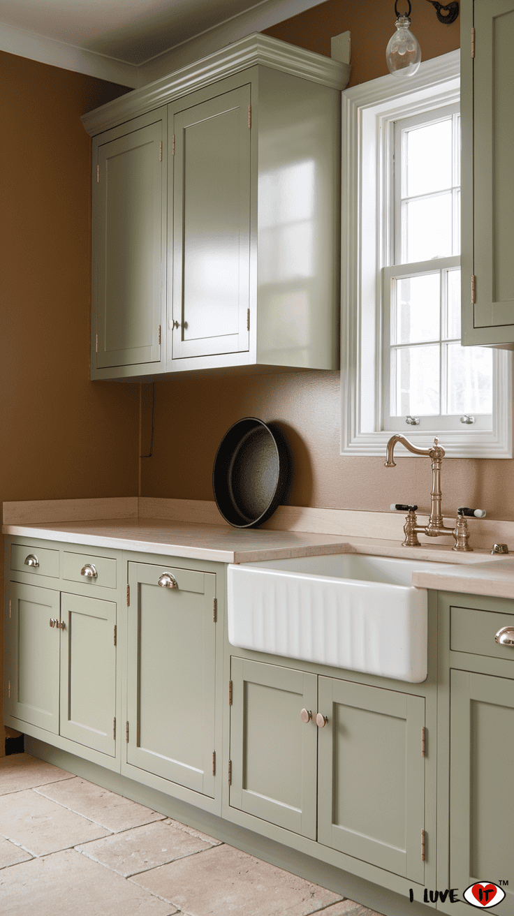 sage kitchen cabinets tan walls