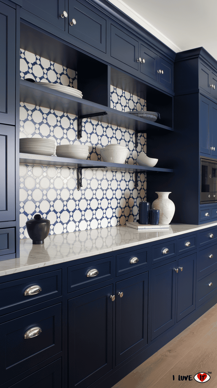 white counters navy blue cabinets