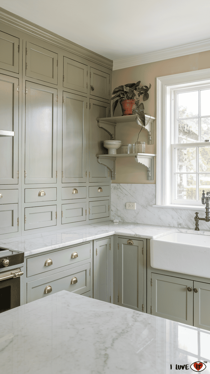 sage green cabinets white counters