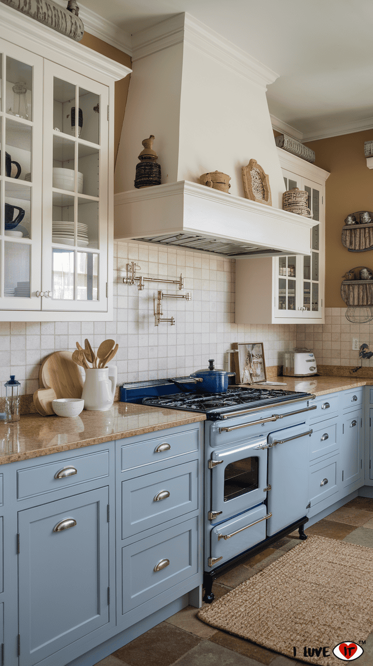 white and blue kitchen cabinets