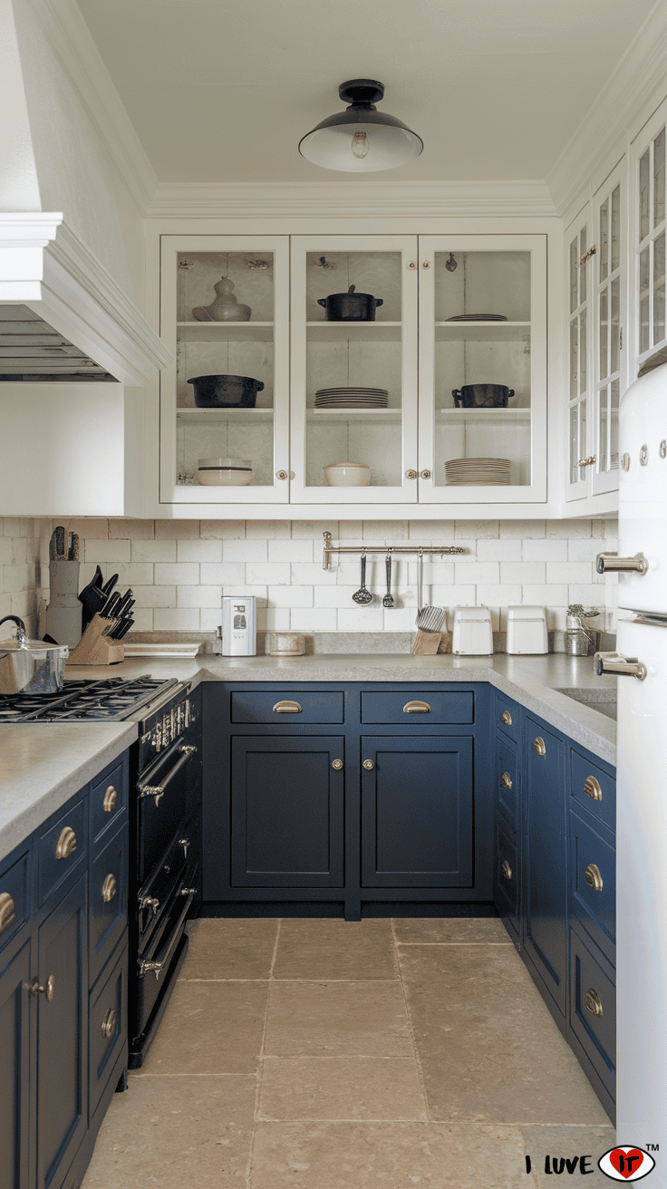 white and blue kitchen cabinets