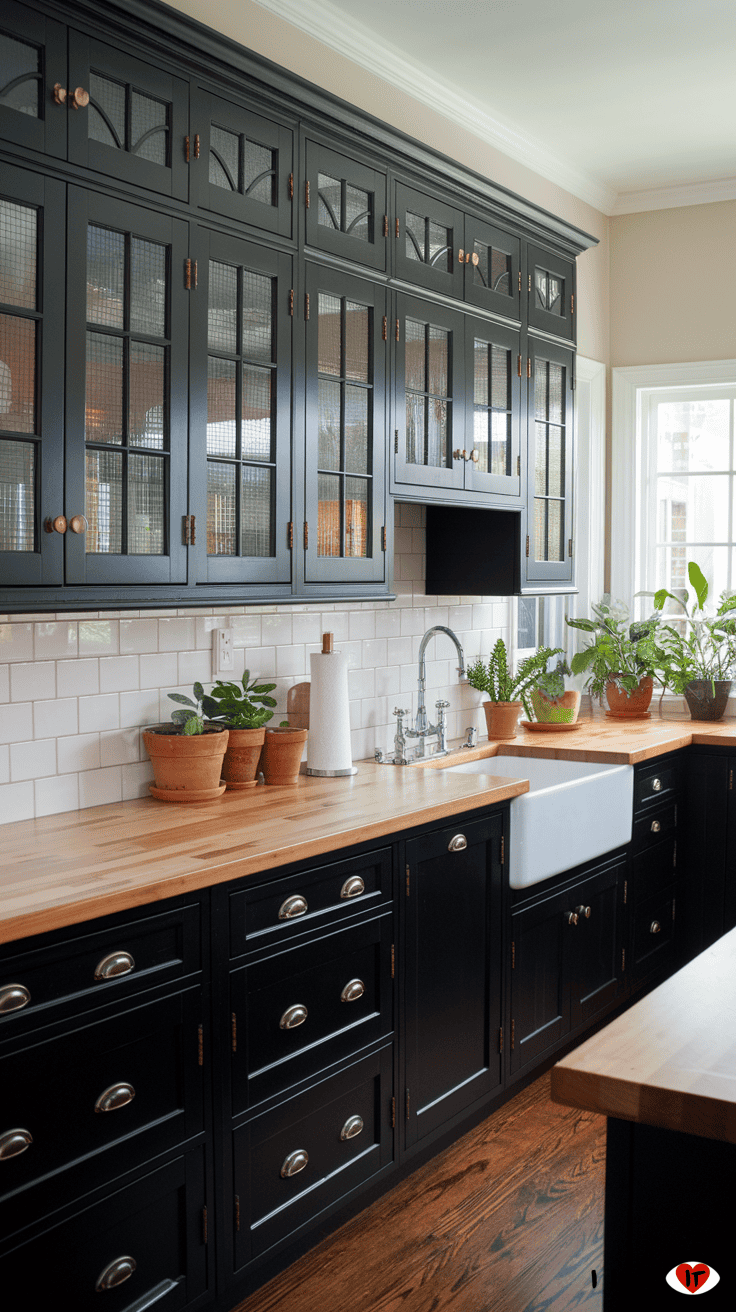 black kitchen cabinets wood counters