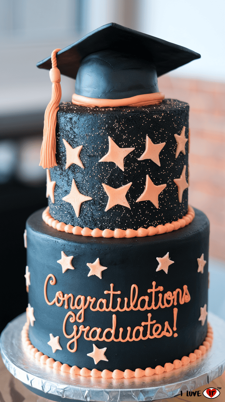 black and orange graduation cake