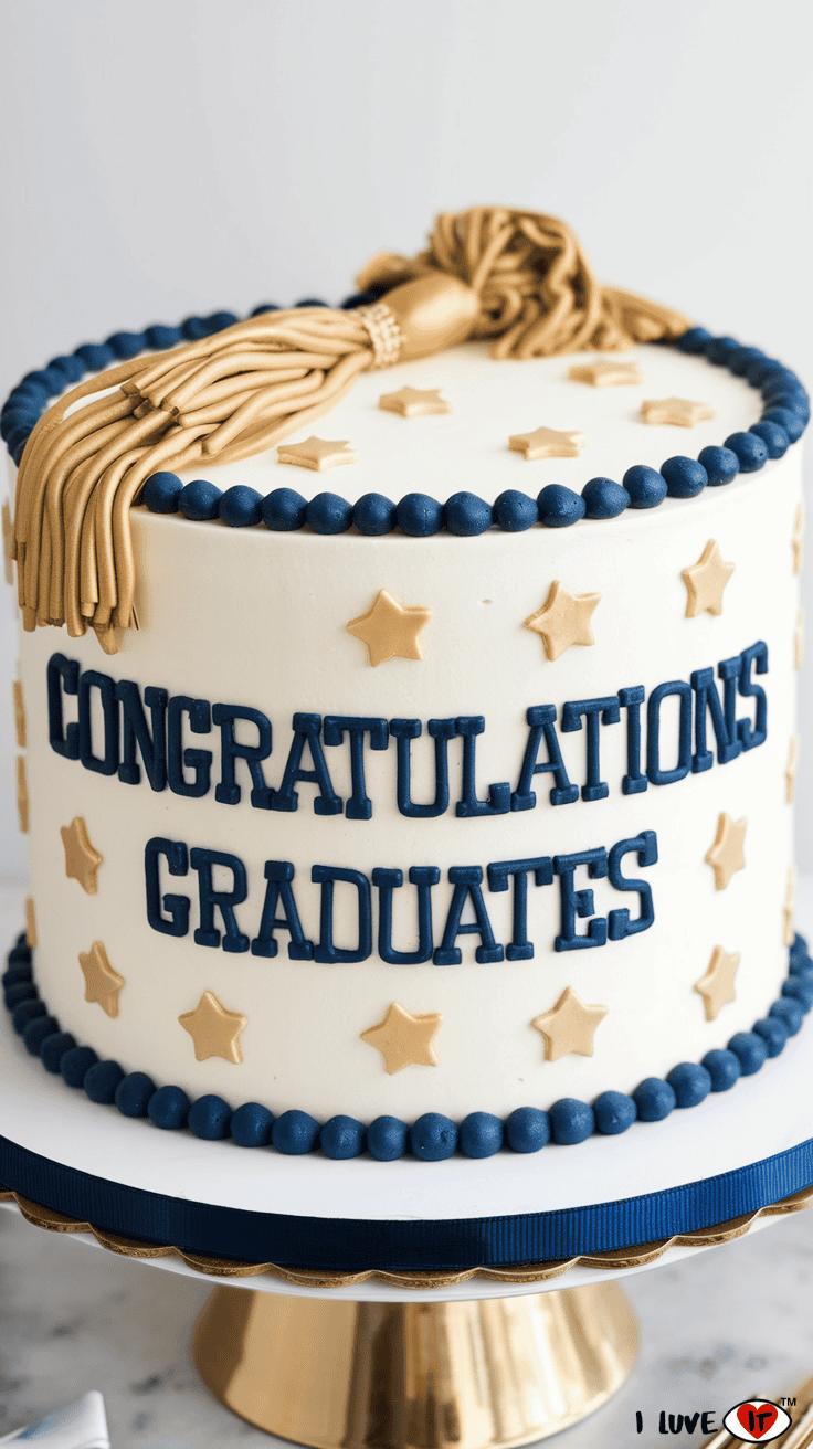 gold and blue graduation cake