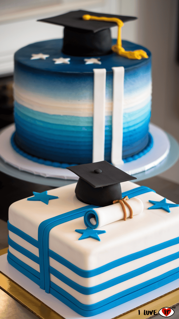 square and round graduation cakes