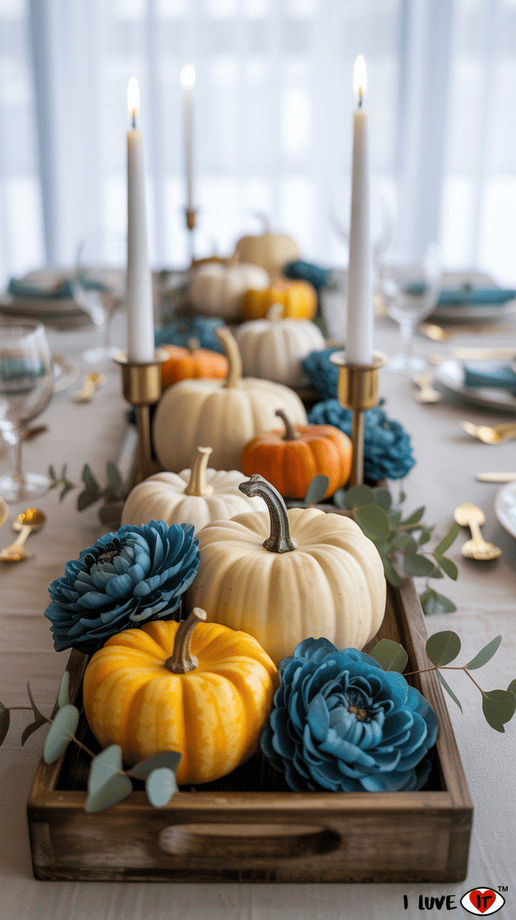 pumpkin and teal fall centerpiece