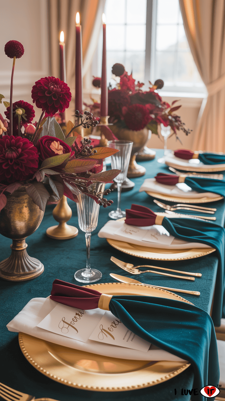 teal and burgundy fall wedding decor